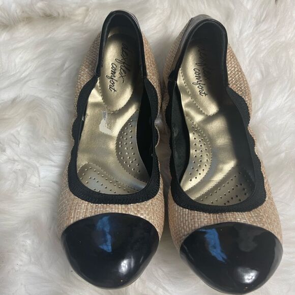 Dexflex comfort synthetic beige woven & black patent slip on flats SZ9 - Picture 1 of 10